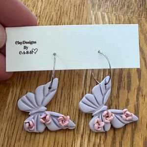 Clay Butterfly Earrings with Pink Accents